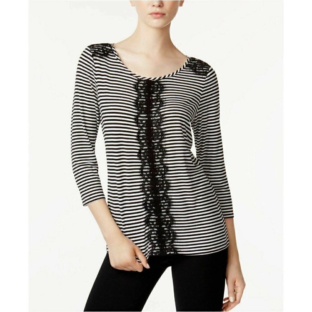 Maison Jules Women's Black Striped Lace-trim Top S - Picture 3 of 9